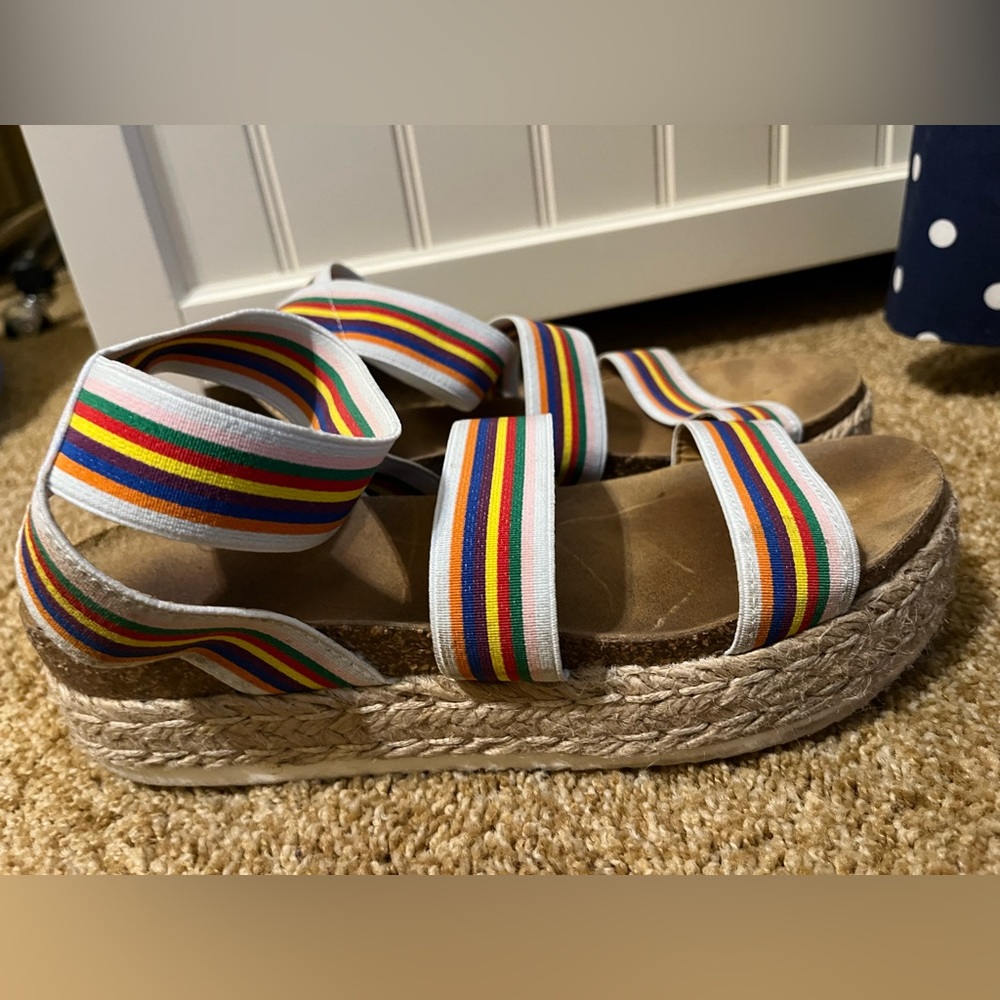 Platform Ankle Espadrille Sandal Size 9.5 In Cute Rainbow Stripe